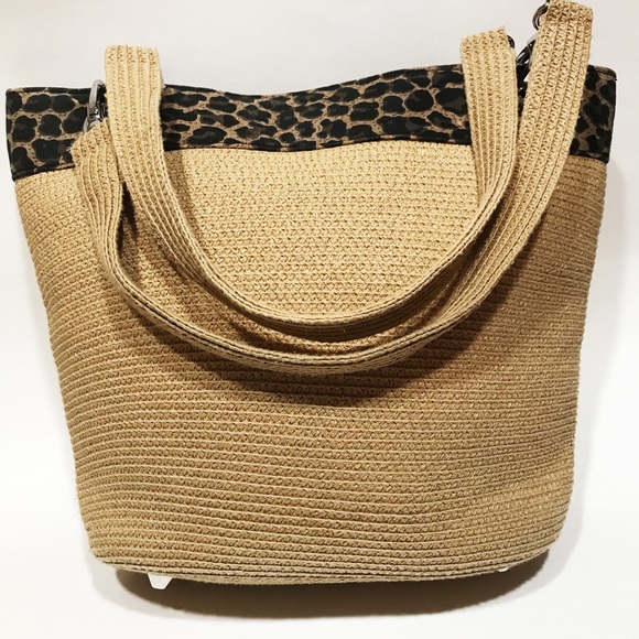 Handbags - Paper Straw Shoulder Bag with Cheetah Print Trim